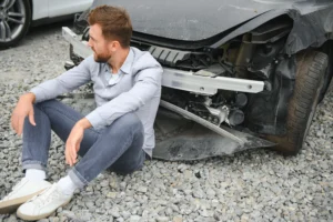 man sitting in front of damaged vehicle
