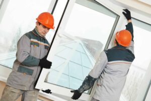 two workers installing window